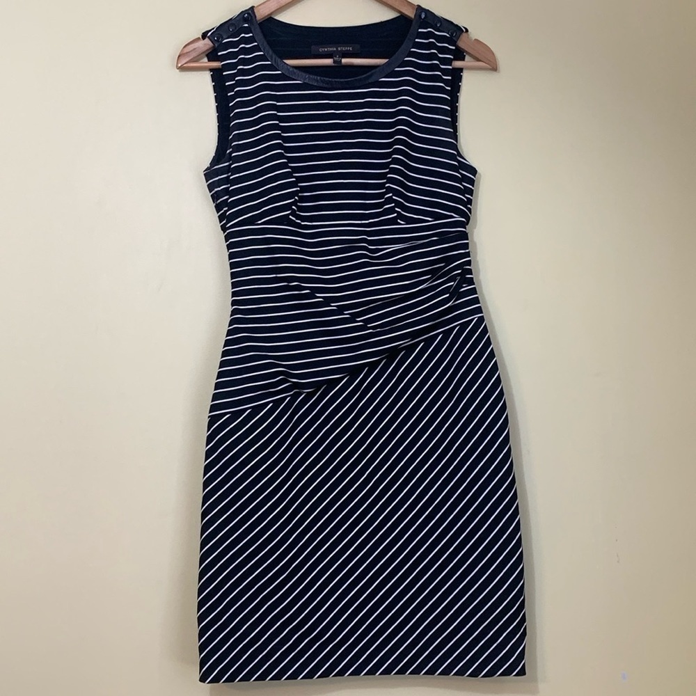 Cynthia Steffe | Black White Stripe Leather Trim Round Neck Sleeveless Dress 2